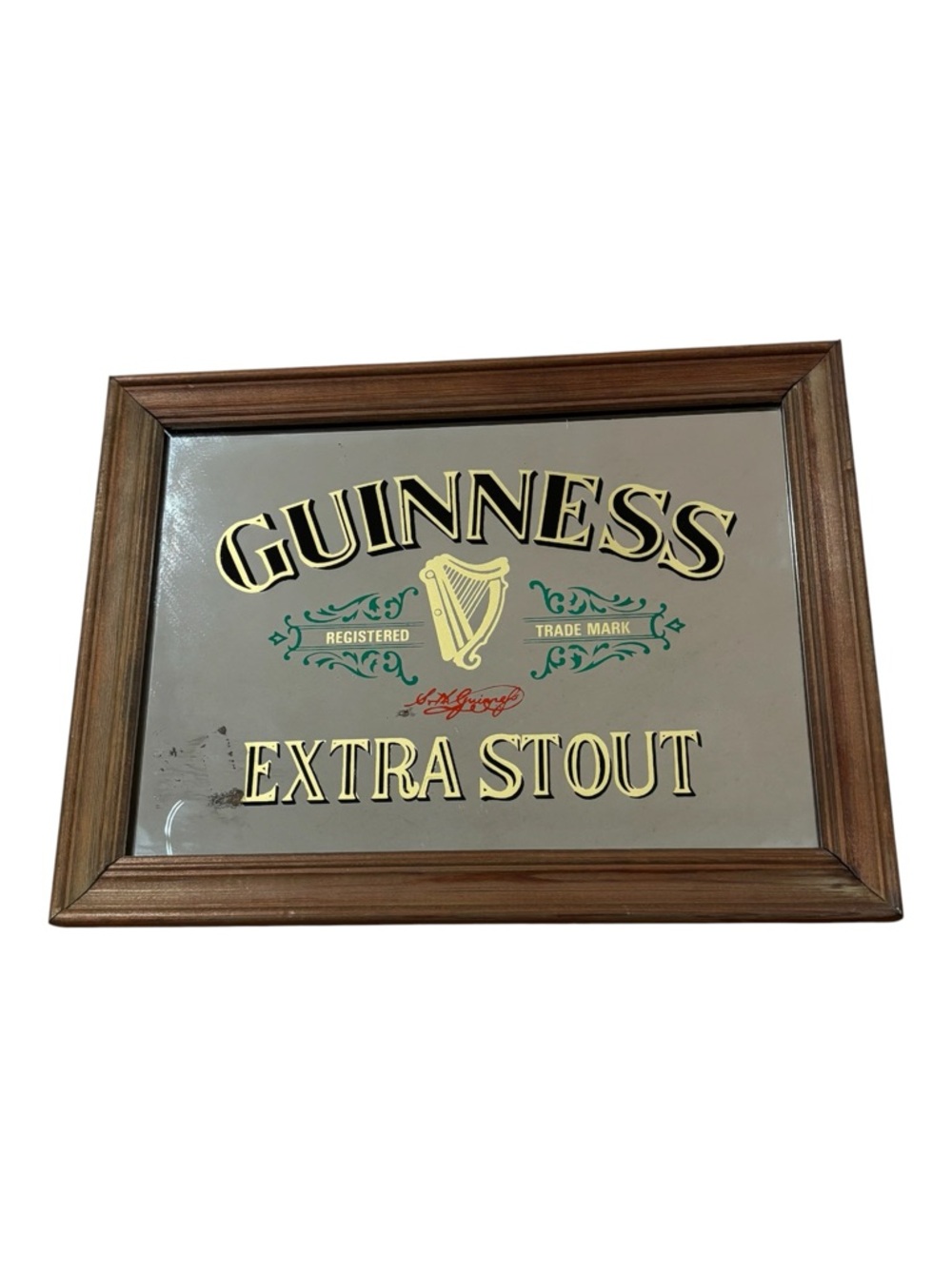 VTG GUINNESS EXTRA STOUT MIRROR BARWARE SIGN W GOLD & BLK PUB ADVERTISING 9"X13"